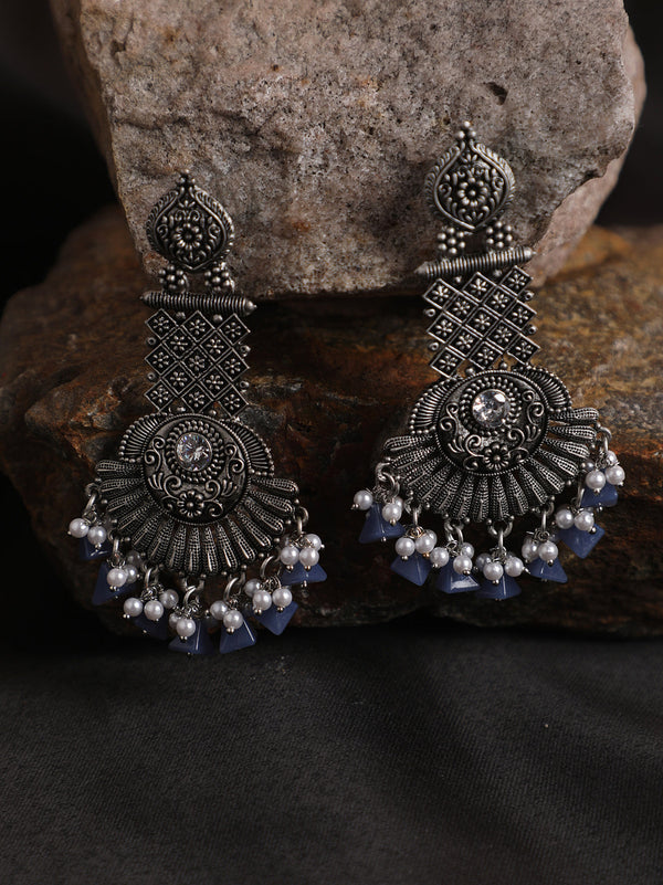 Women's Silver-Toned & Blue Oxidised Classic Drop Earrings - Jazz and Sizzle