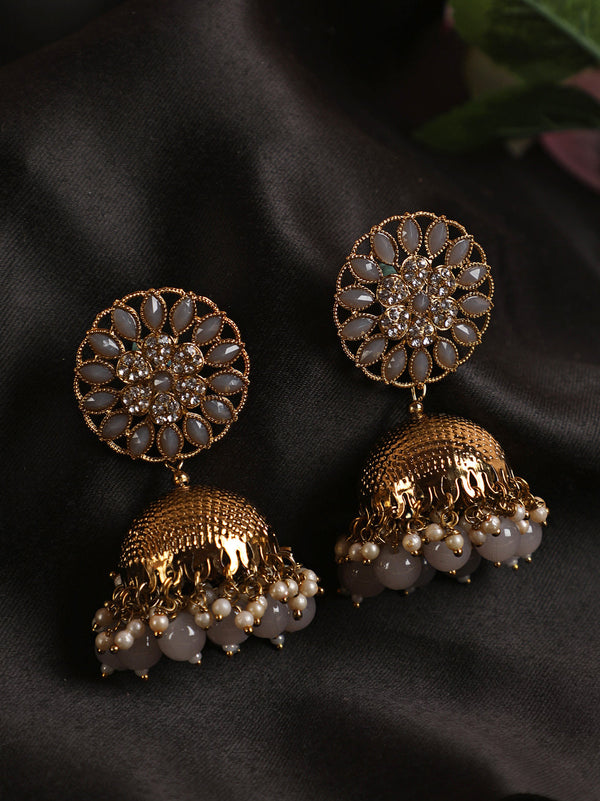 Women's Grey Antique Gold-Plated Studded Dome Shaped Jhumkas - Jazz and Sizzle