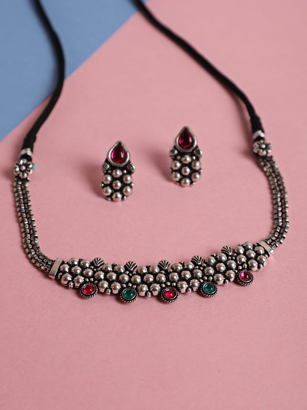 Women's Silver-Toned Oxidised Pink& Green Stone studded Peacock Jewellery Set - Jazz and Sizzle