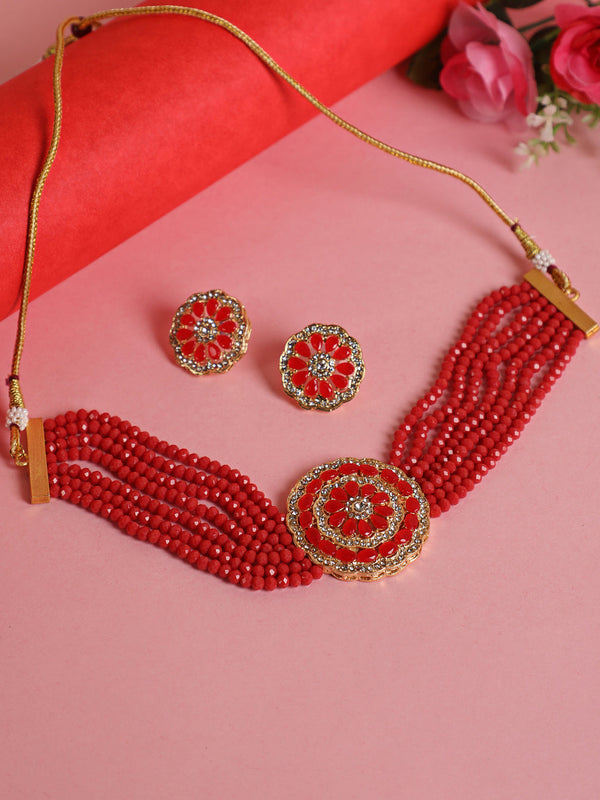 Women's Women Red & White Kundan-Studded & Beaded Handcrafted Jewellery Set - Jazz and Sizzle