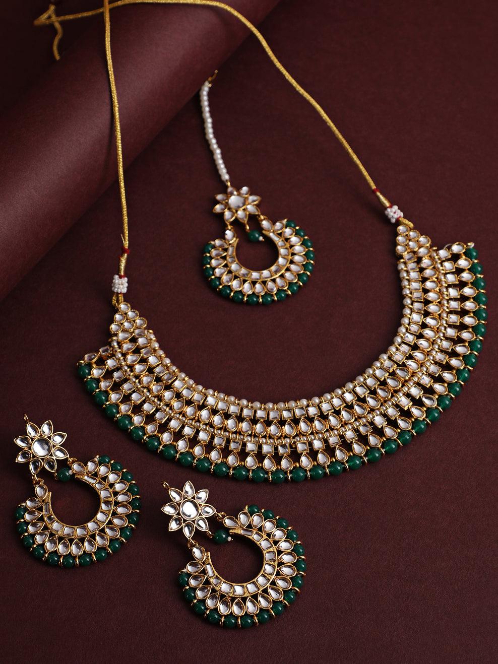 Women's Gold-Plated Green & White Kundan-Studded Chokers Jewellery Set - Jazz and Sizzle - Indiakreations