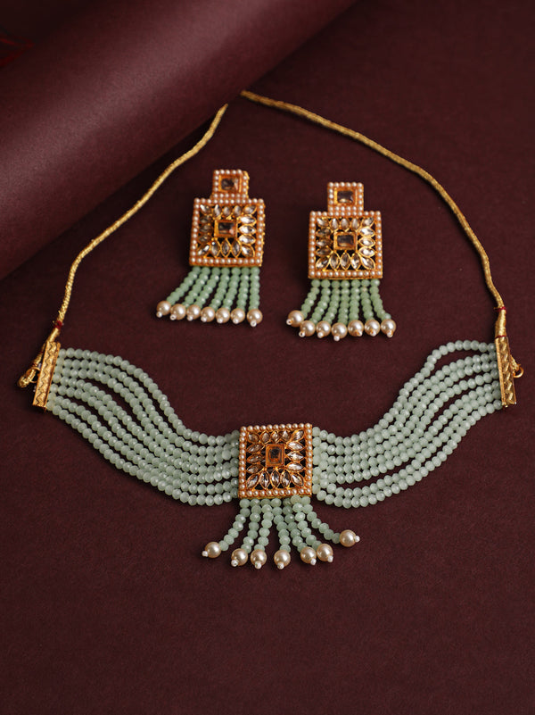 Women's Gold-Plated & Pastel Green Kundan Crystal Beads Jewellery Set - Jazz and Sizzle