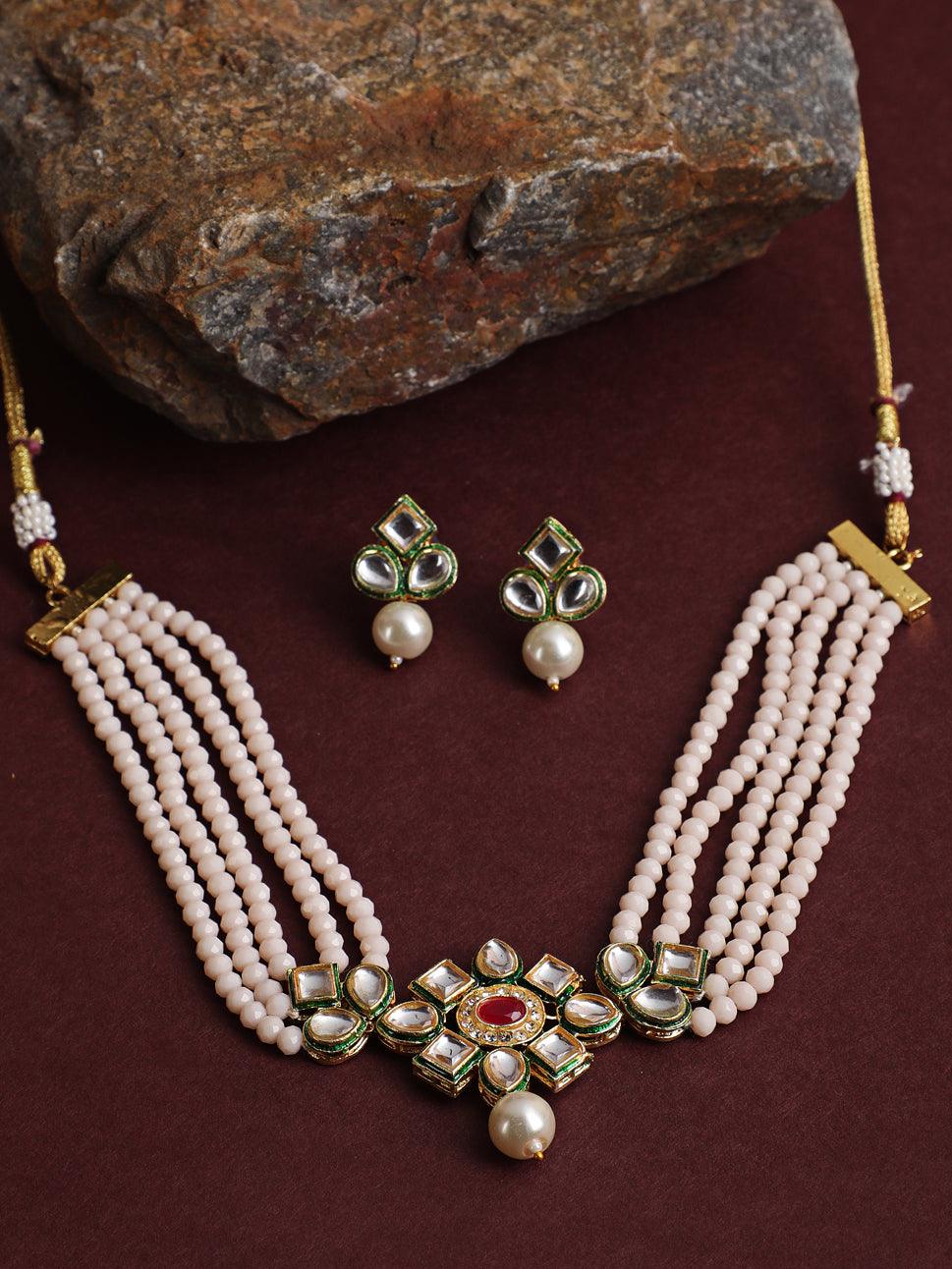 Women's Gold-Plated Pink & Green Kundan-Studded & Beaded Handcrafted Jewellery Set - Jazz and Sizzle - Indiakreations