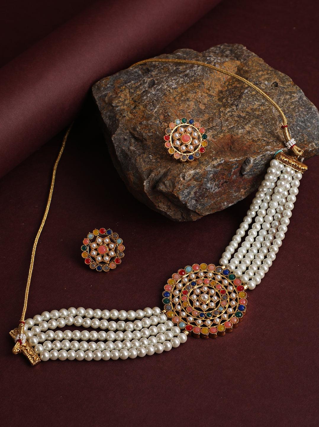 Women's Gold-Plated White & Green Pearl-Studded Chokers Jewellery Set - Jazz and Sizzle - Indiakreations