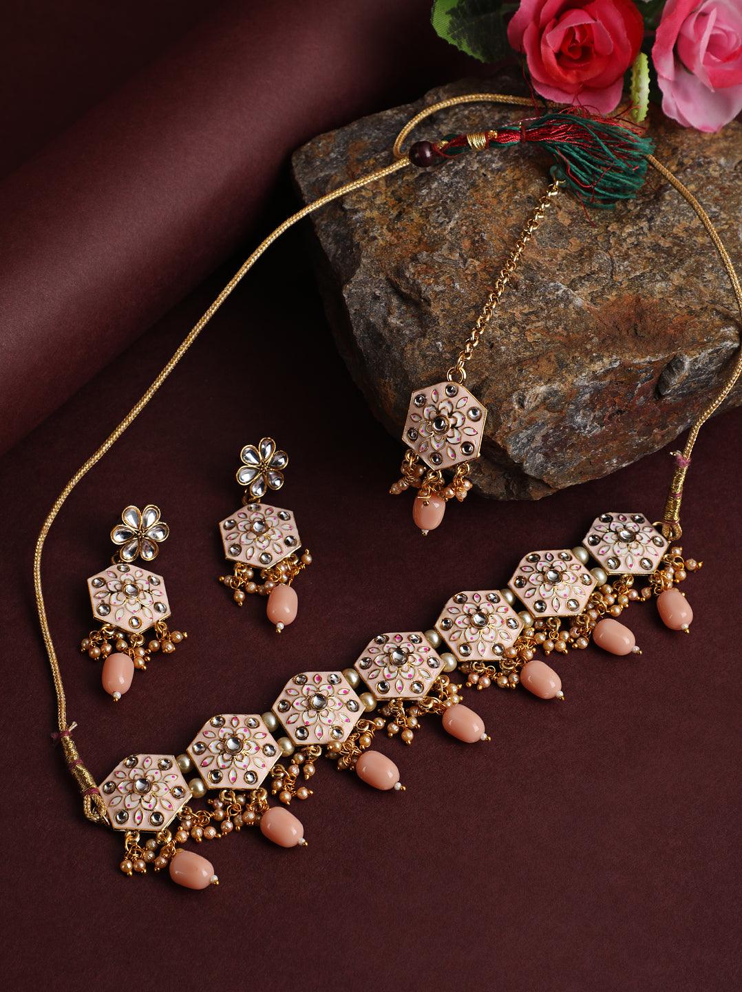 Women's Gold-Plated Peach & Pink Meenakari Jewellery Set with Maangtika - Jazz and Sizzle - Indiakreations