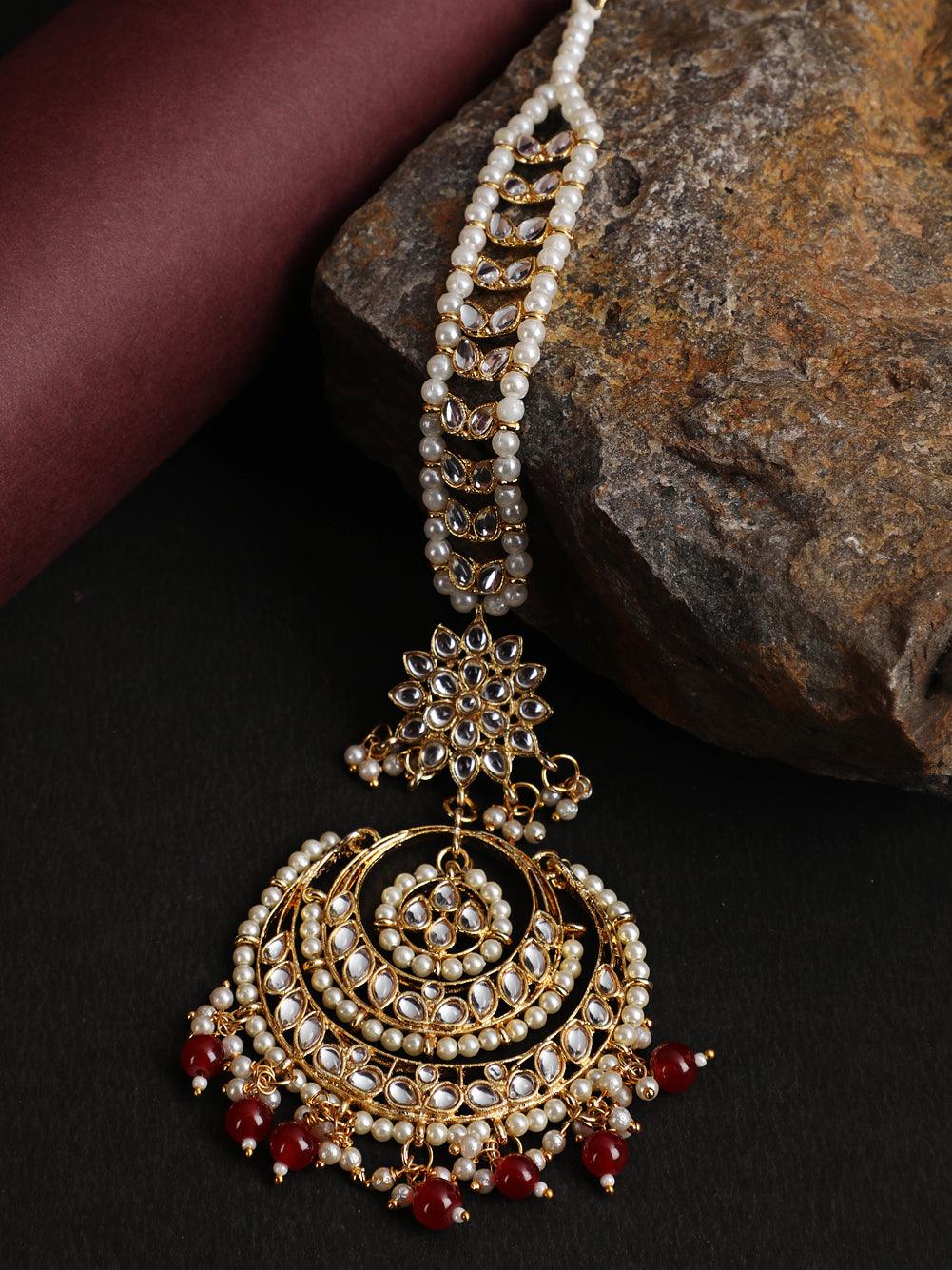 Women's Gold-Toned Mahroon & White Kundan stone studded & Pearls Traditional Maangtikka - Jazz and Sizzle - Indiakreations