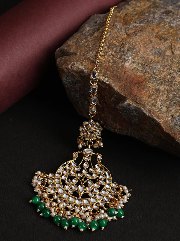 Women's Gold-Toned Green & White Kundan stone studded & Pearls Beaded Traditional Maangtikka - Jazz and Sizzle - Indiakreations