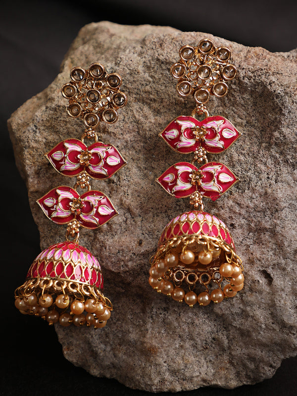 Women's Red & Pink Meenakari Enamel Dome shaped Long Jhumka Earrings - Jazz and Sizzle