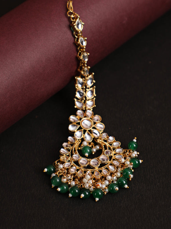 Women's Gold-Toned Green & White Kundan stone studded & Pearls Traditional Maangtikka - Jazz and Sizzle