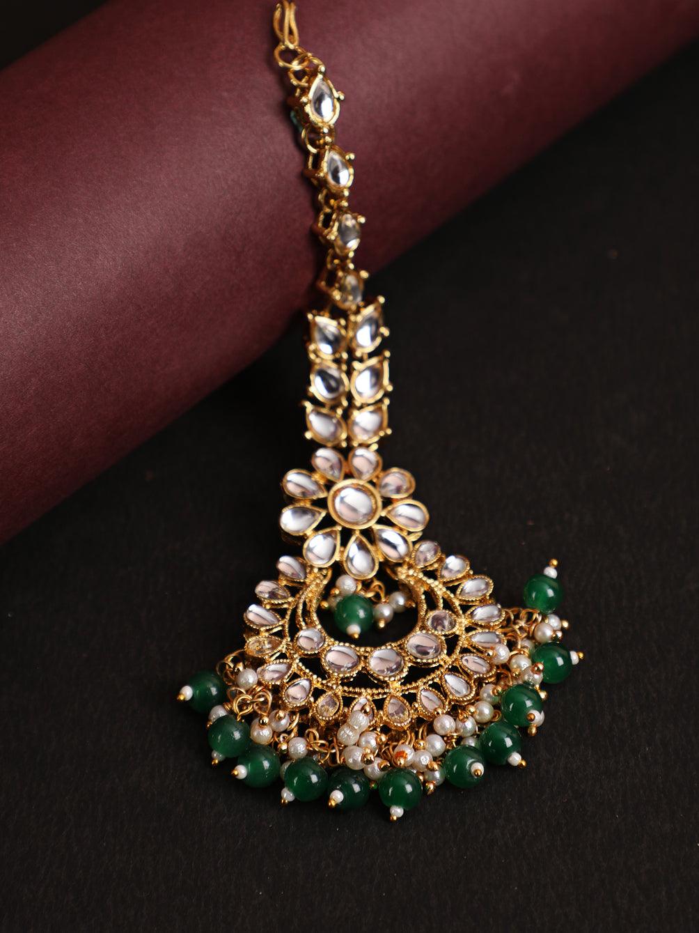 Women's Gold-Toned Green & White Kundan stone studded & Pearls Traditional Maangtikka - Jazz and Sizzle - Indiakreations