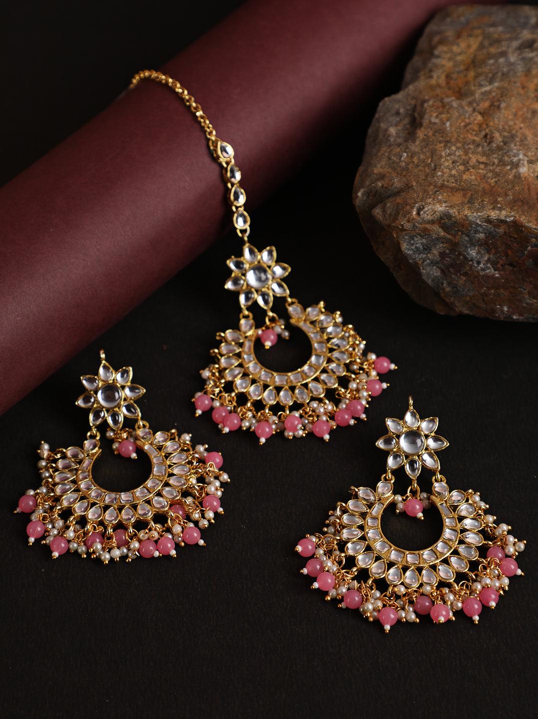 Women's Gold-Toned white Kundan studded & Pink Pearls Maangtikka & Earring Set - Jazz and Sizzle - Indiakreations