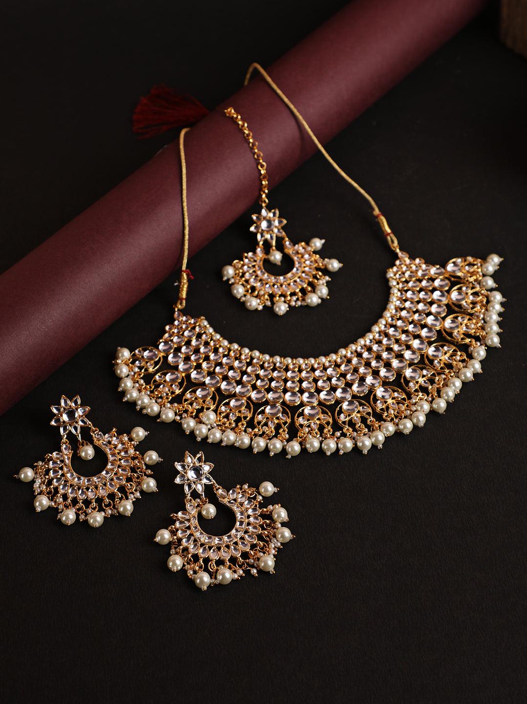 Women's Off-White Gold-Plated Kundan Studded & Beaded Handcrafted Jewellery Set - Jazz and Sizzle - Indiakreations