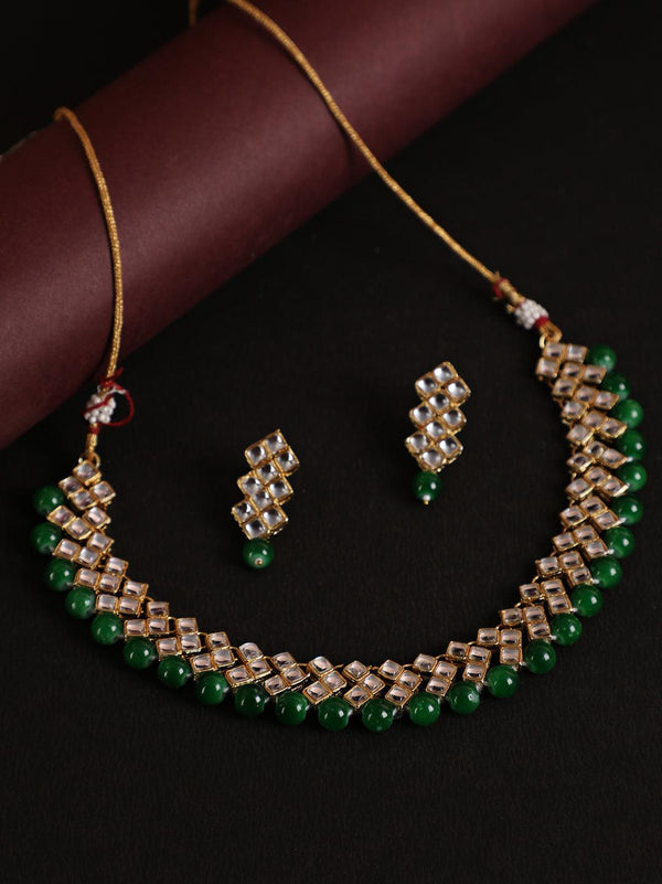 Women's Gold Toned Kundan & Green Beads Jewellery Set - Jazz and Sizzle - Indiakreations