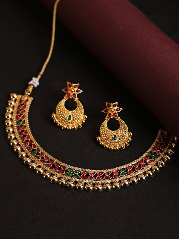 Women's Gold-Plated Red & Green Stone Studded Handcrafted Jewellery Set - Jazz and Sizzle - Indiakreations