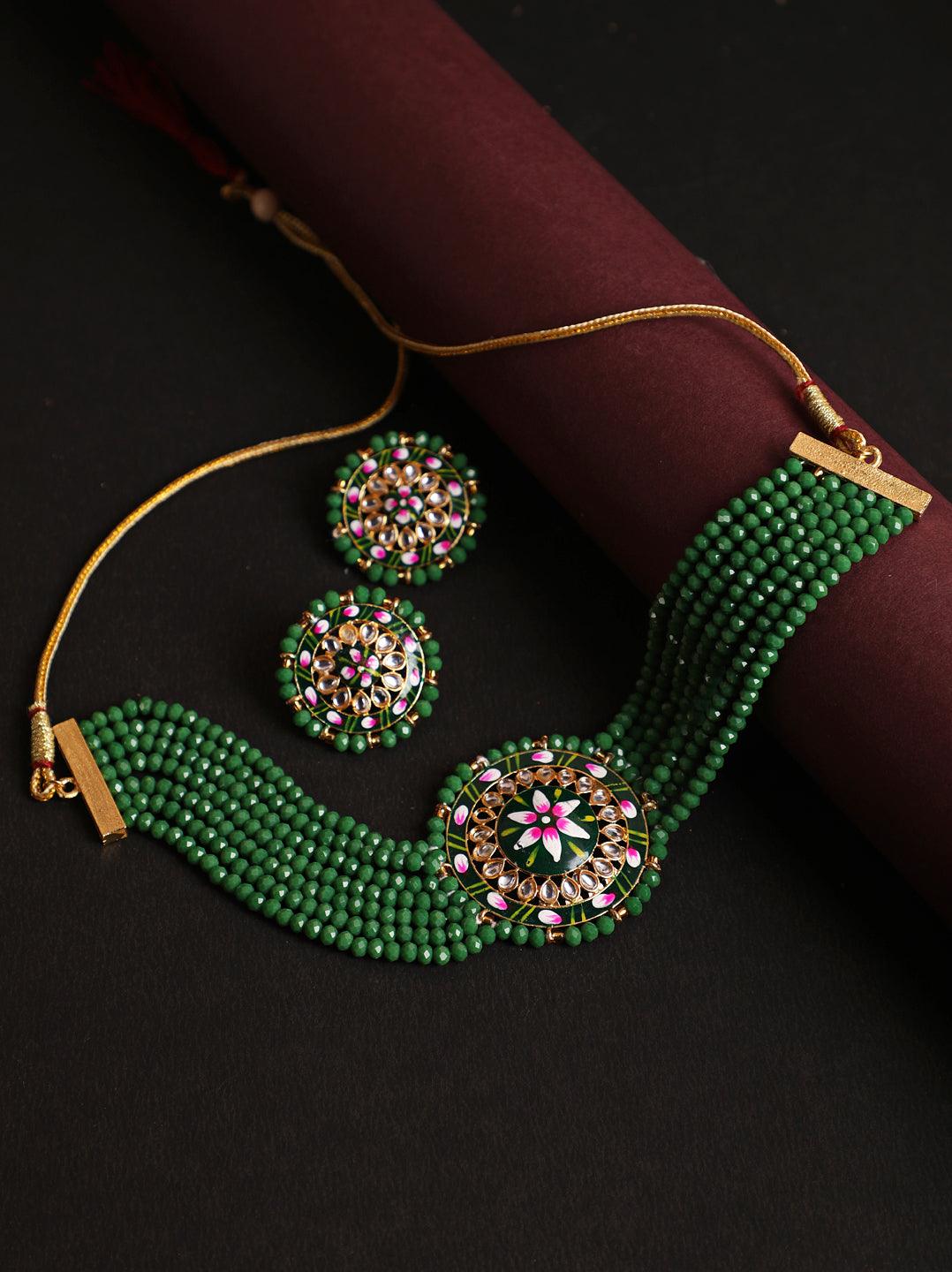 Women's Women Green & Pink Kundan-Studded & Beaded Handcrafted Meenakari Jewellery Set - Jazz and Sizzle - Indiakreations