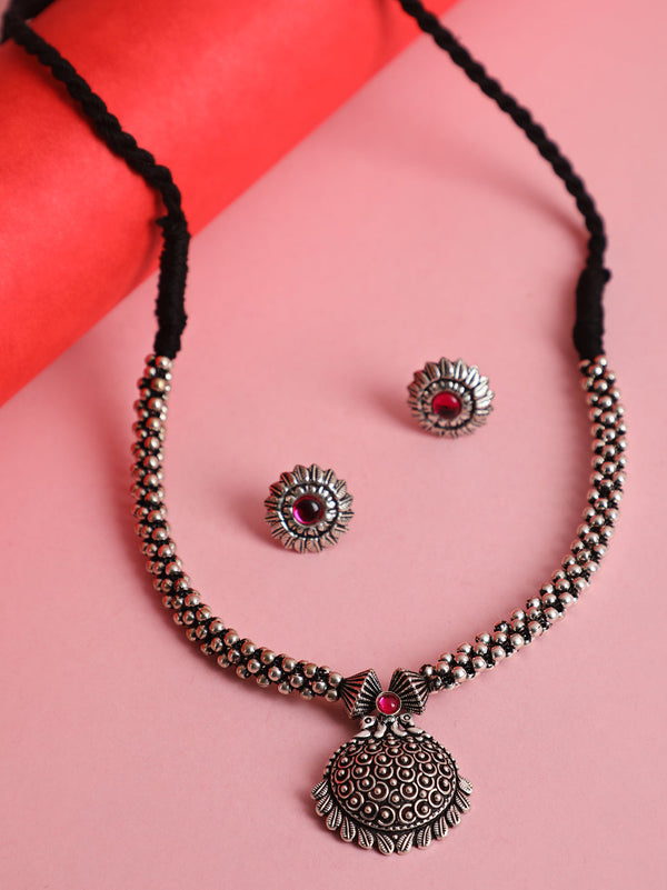 Women's Silver-Toned Oxidised Pink stone studded Peacock Jewellery Set - Jazz and Sizzle