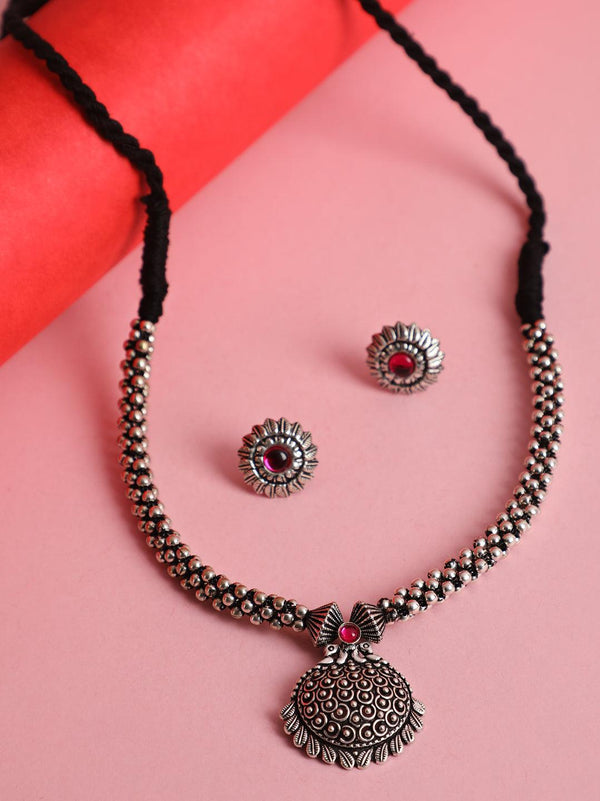 Women's Silver-Toned Oxidised Pink stone studded Peacock Jewellery Set - Jazz and Sizzle - Indiakreations