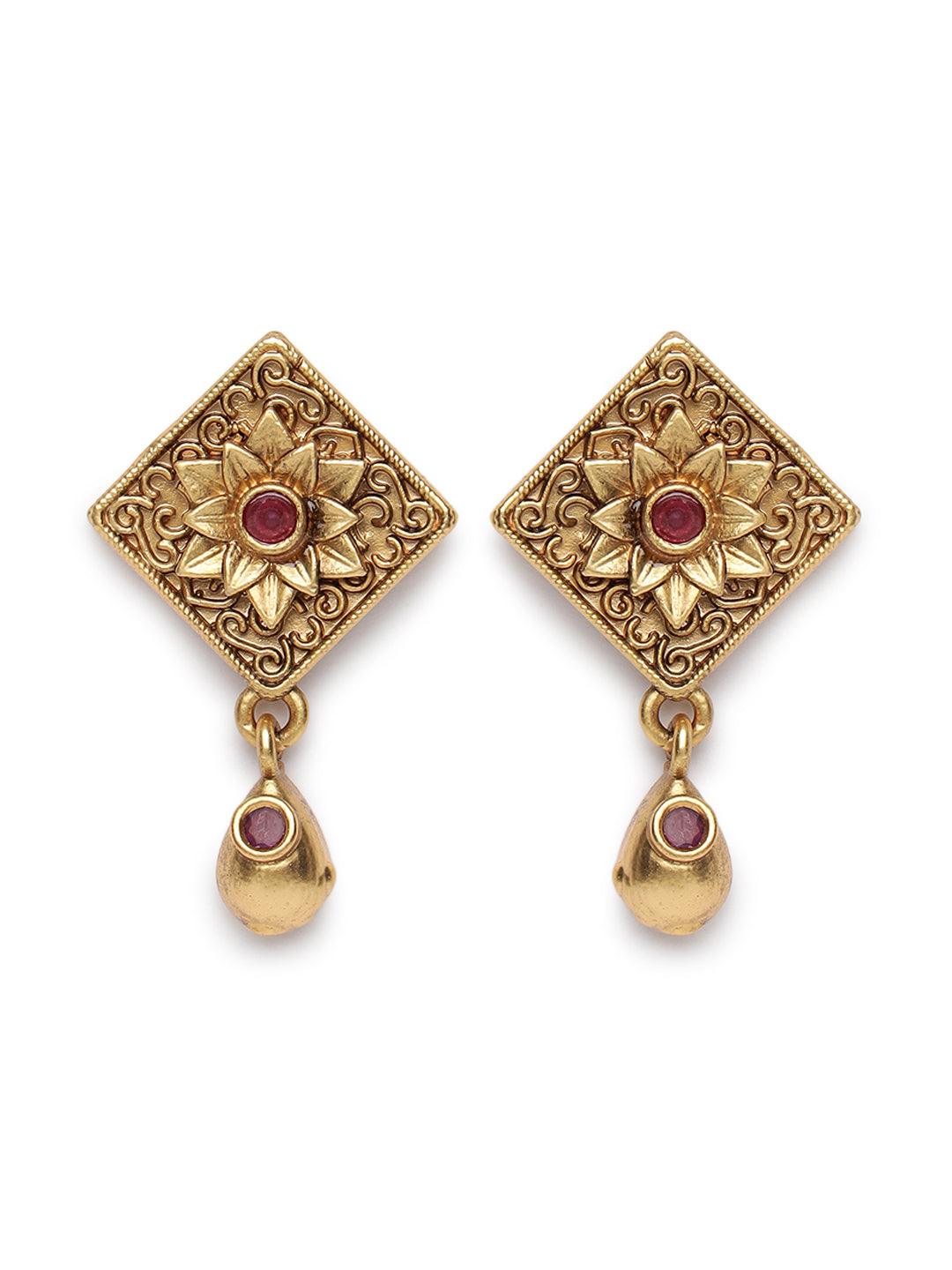 Women's Gold-Plated Maroon Studded Handcrafted Jewellery Set - Jazz and Sizzle - Indiakreations