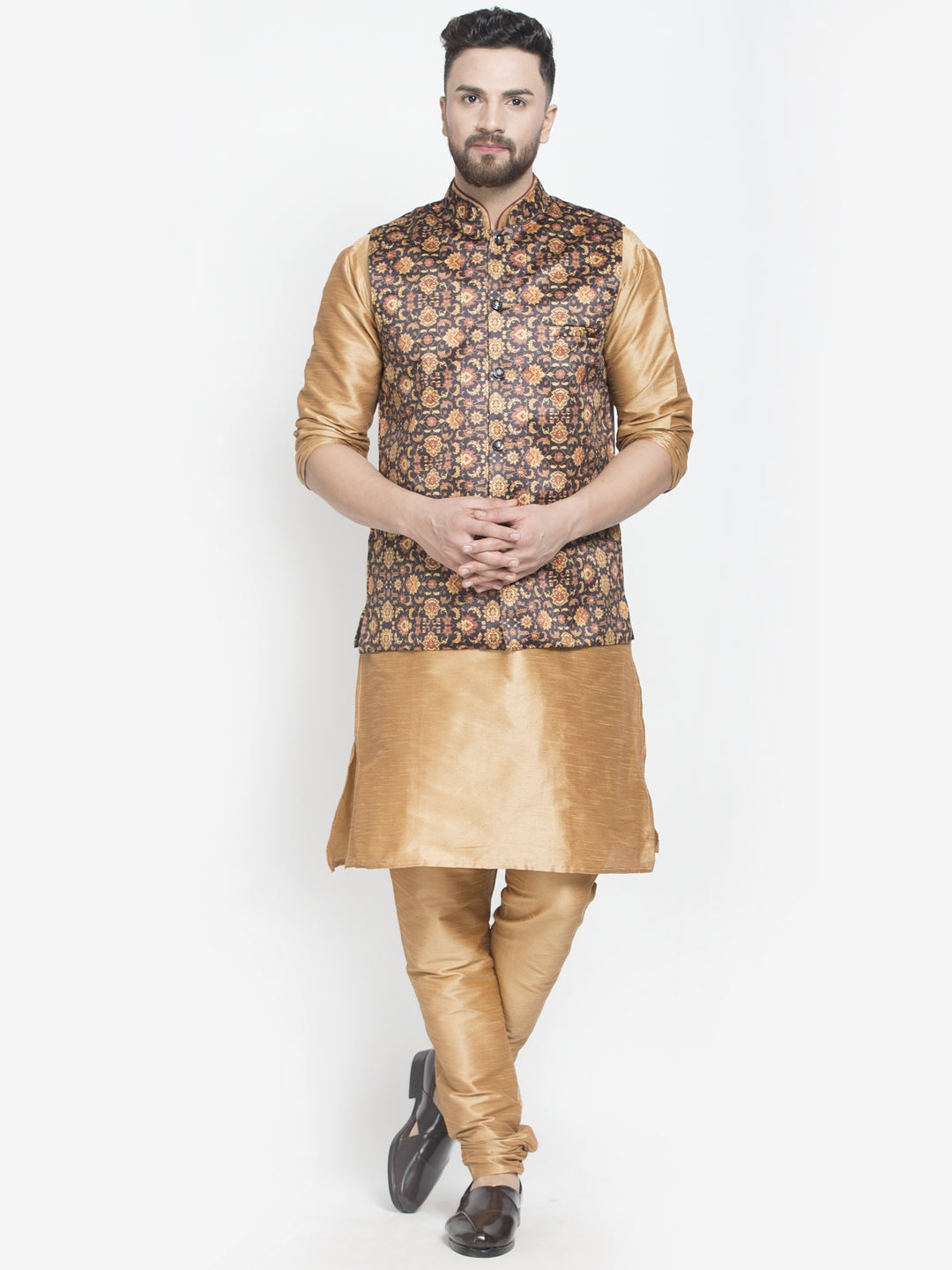 Men's Silk Blend Copper Kurta With Pyjama & Brown Printed Nehru Jacket - Benstoke