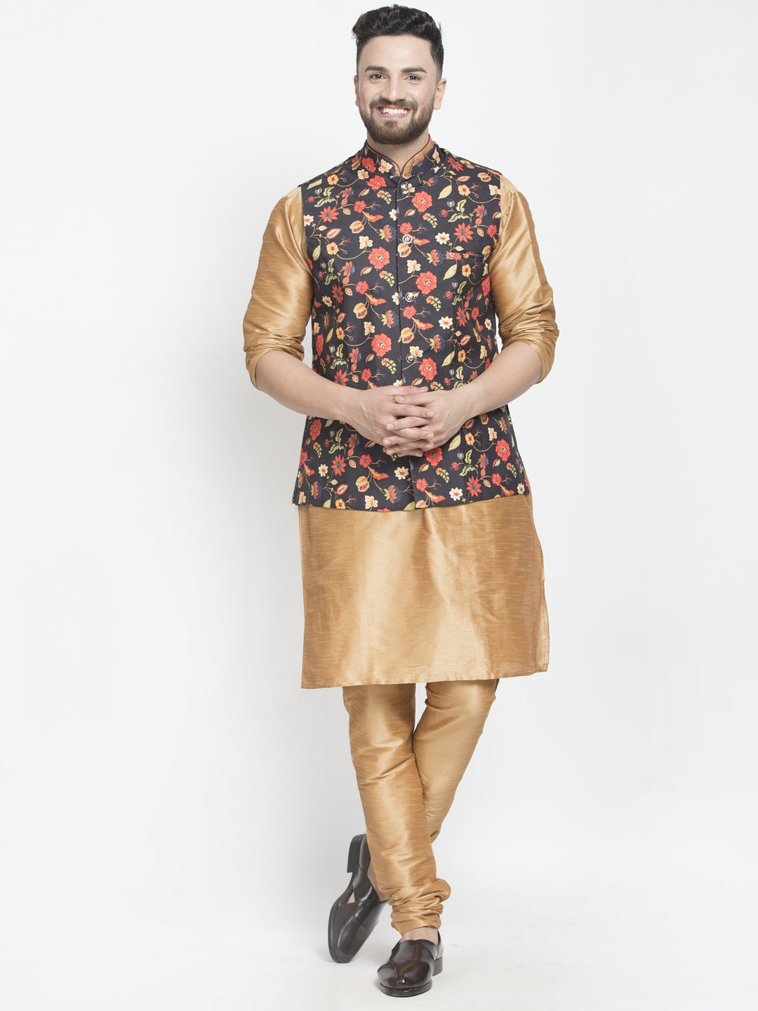 Men's Silk Blend Copper Kurta With Pyjama & Black Printed Nehru Jacket - Benstoke