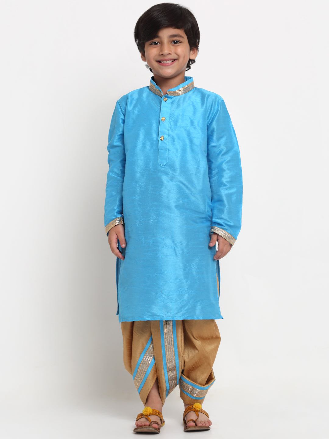 Boy's Aqua Blue Solid Gotta Patti Kurta With Copper Dhoti Pant Set - Benstoke KIDS