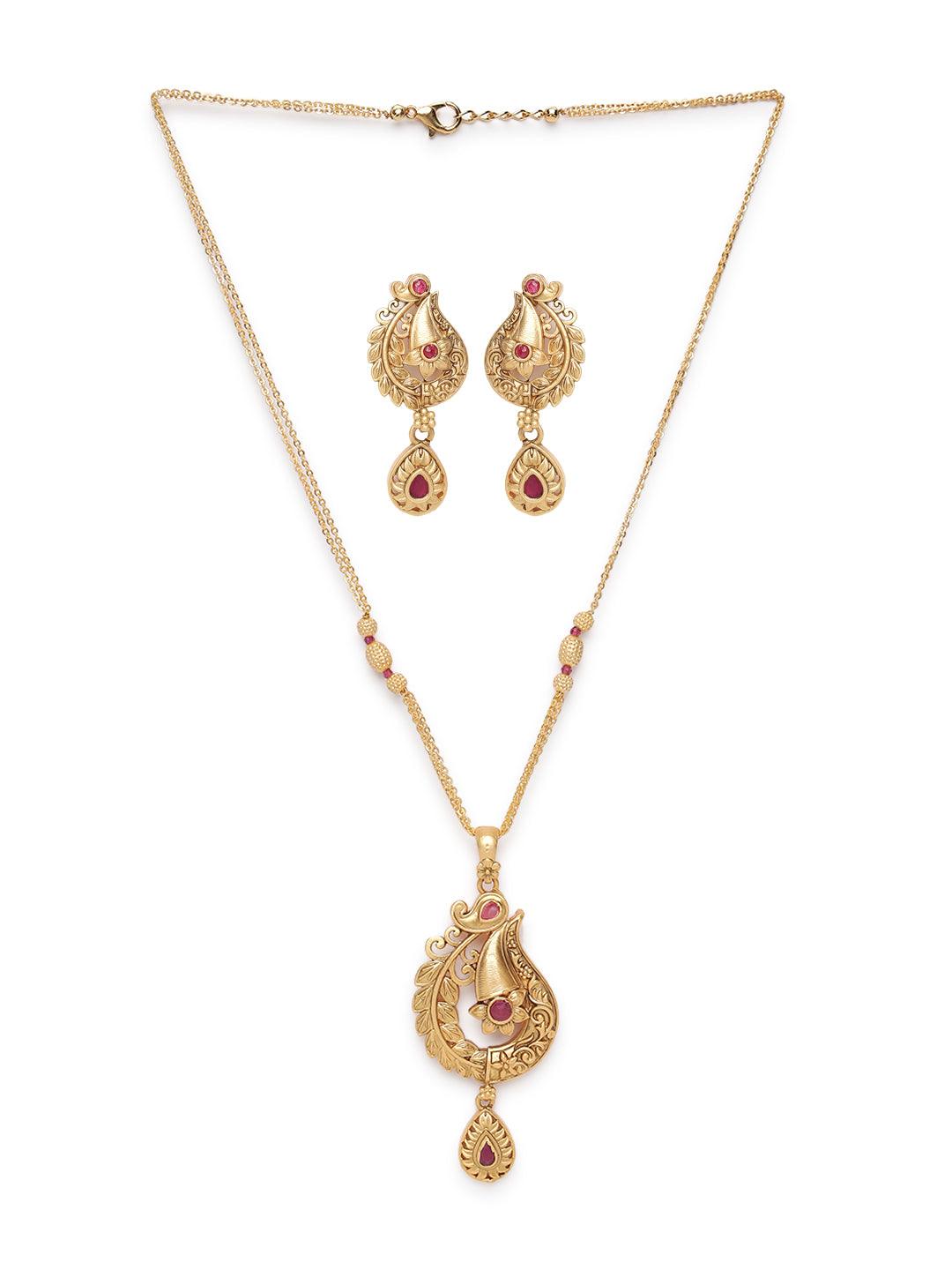 Women's Gold-Plated Maroon Studded Handcrafted Jewellery Set - Jazz and Sizzle - Indiakreations