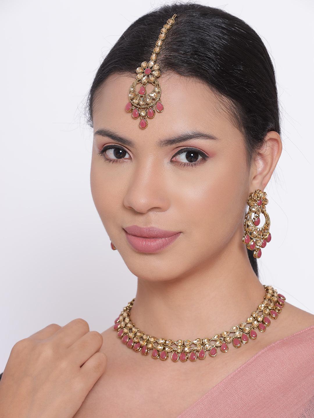 Women's Pink Kundan Gold Plated Jewellery Set - Jazz and Sizzle - Indiakreations