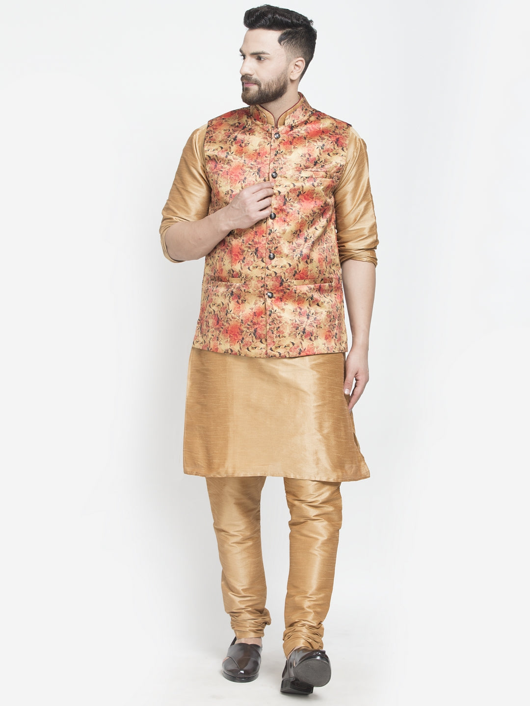 Men's Silk Blend Copper Kurta With Pyjama & Orange Printed Nehru Jacket - Benstoke