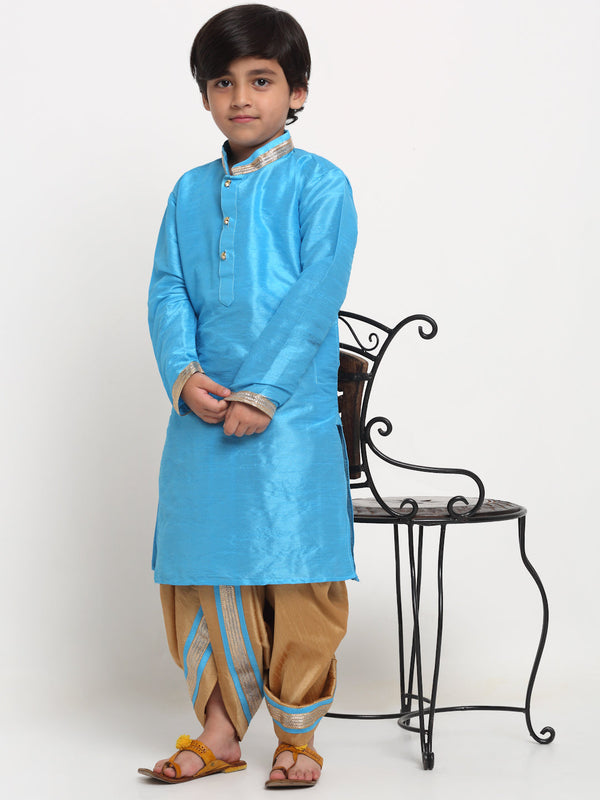 Boy's Aqua Blue Solid Gotta Patti Kurta With Copper Dhoti Pant Set - Benstoke KIDS