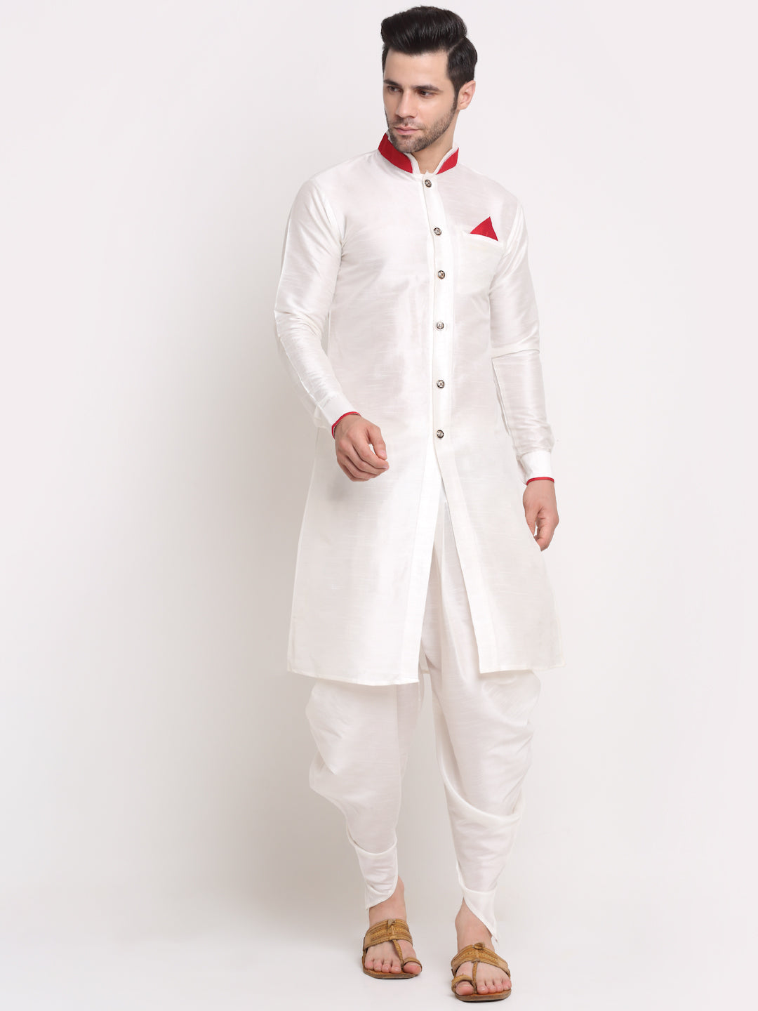 Men's White Solid Kurta With White Dhoti Pant - Benstoke