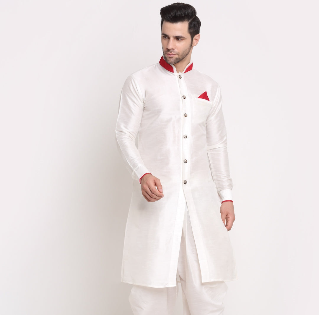 Men's Silk Blend White Solid Straight Kurta - Benstoke