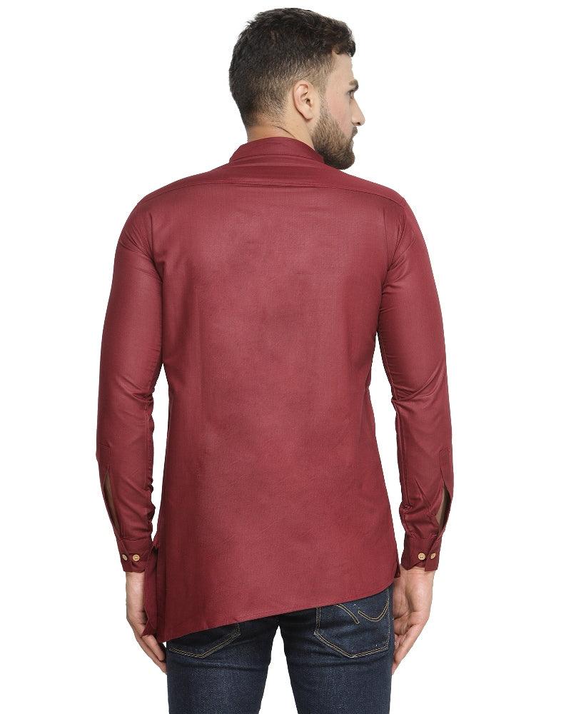 Men's Cotton Blend Maroon Asymmetric Short Kurta - Benstoke - Indiakreations