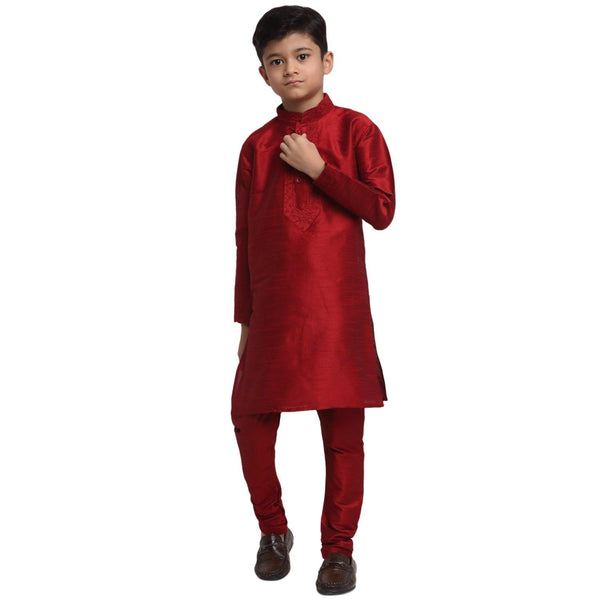 Boy's Maroon Yoke Design Thread Work Kurta With Churidaar - Benstoke KIDS - Indiakreations