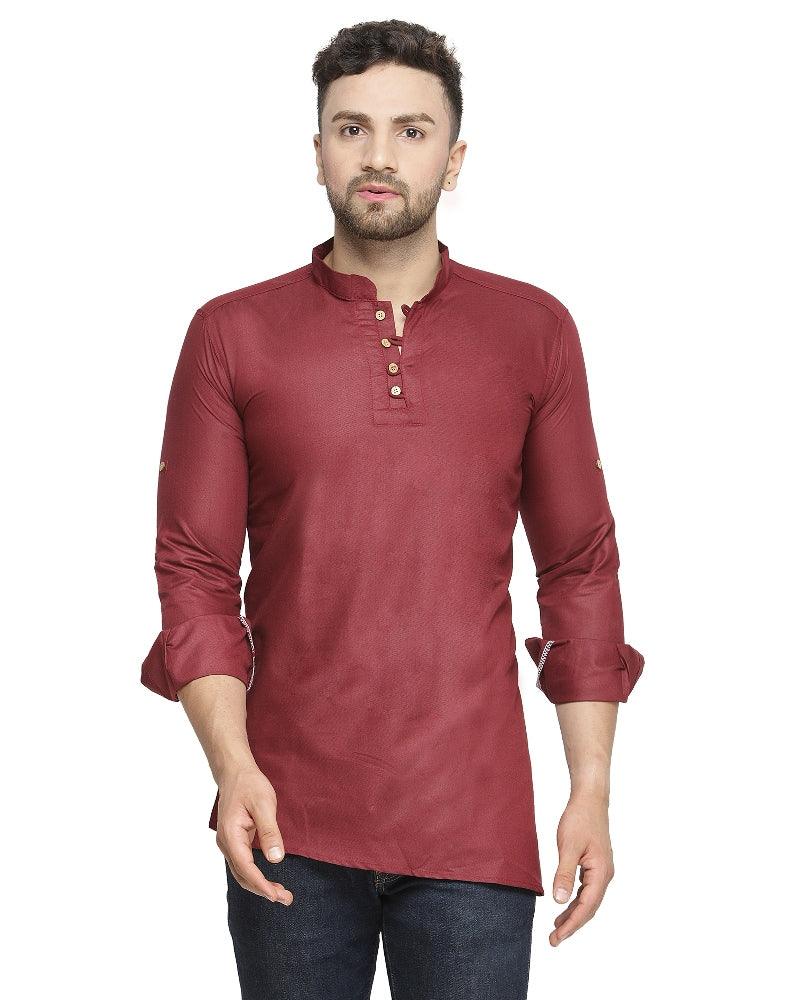 Men's Cotton Blend Maroon Asymmetric Short Kurta - Benstoke - Indiakreations