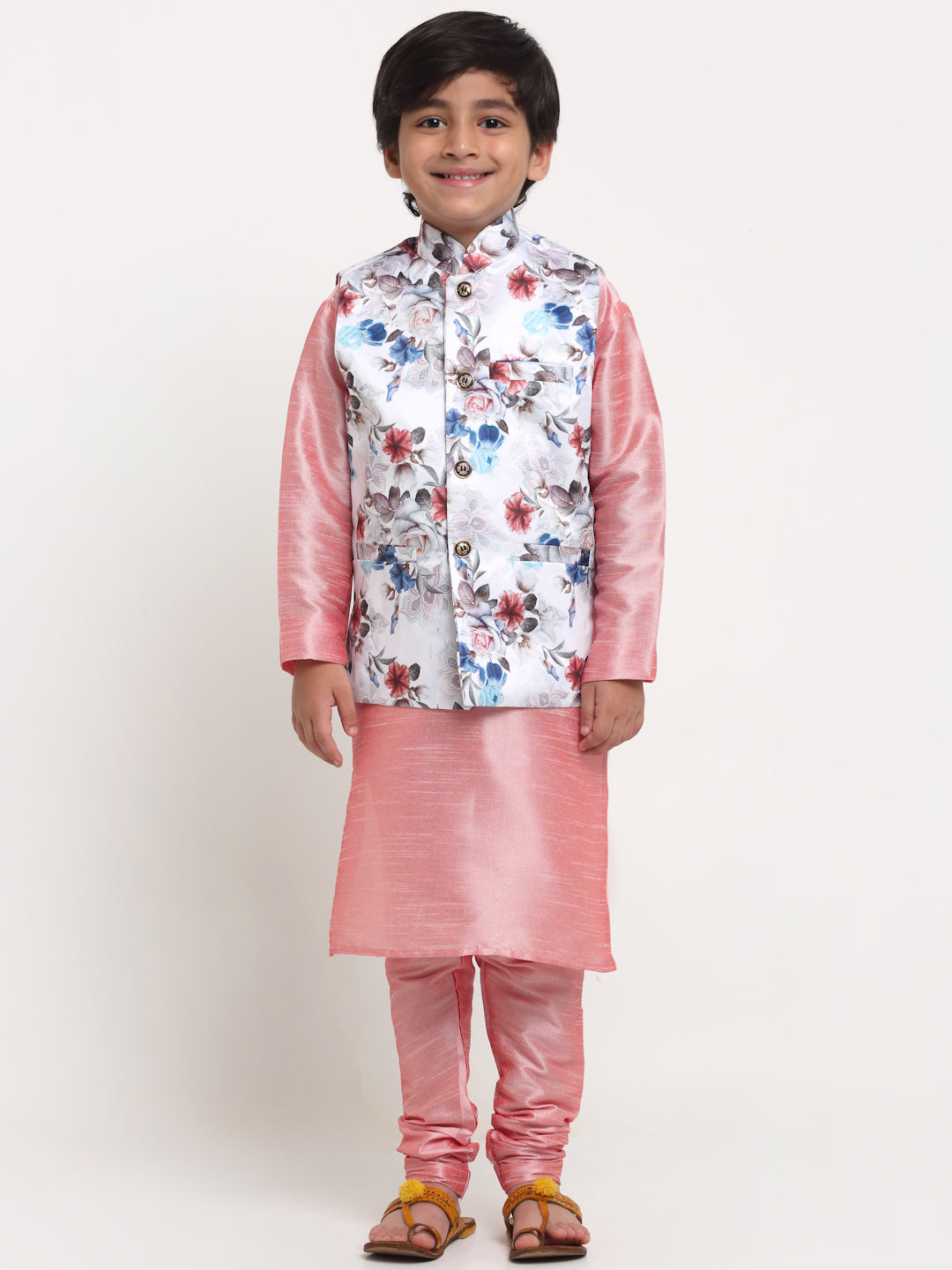 Boy's Pink Solid Kurta With Pyjama & White Printed Nehrujacket Combos - Benstoke KIDS