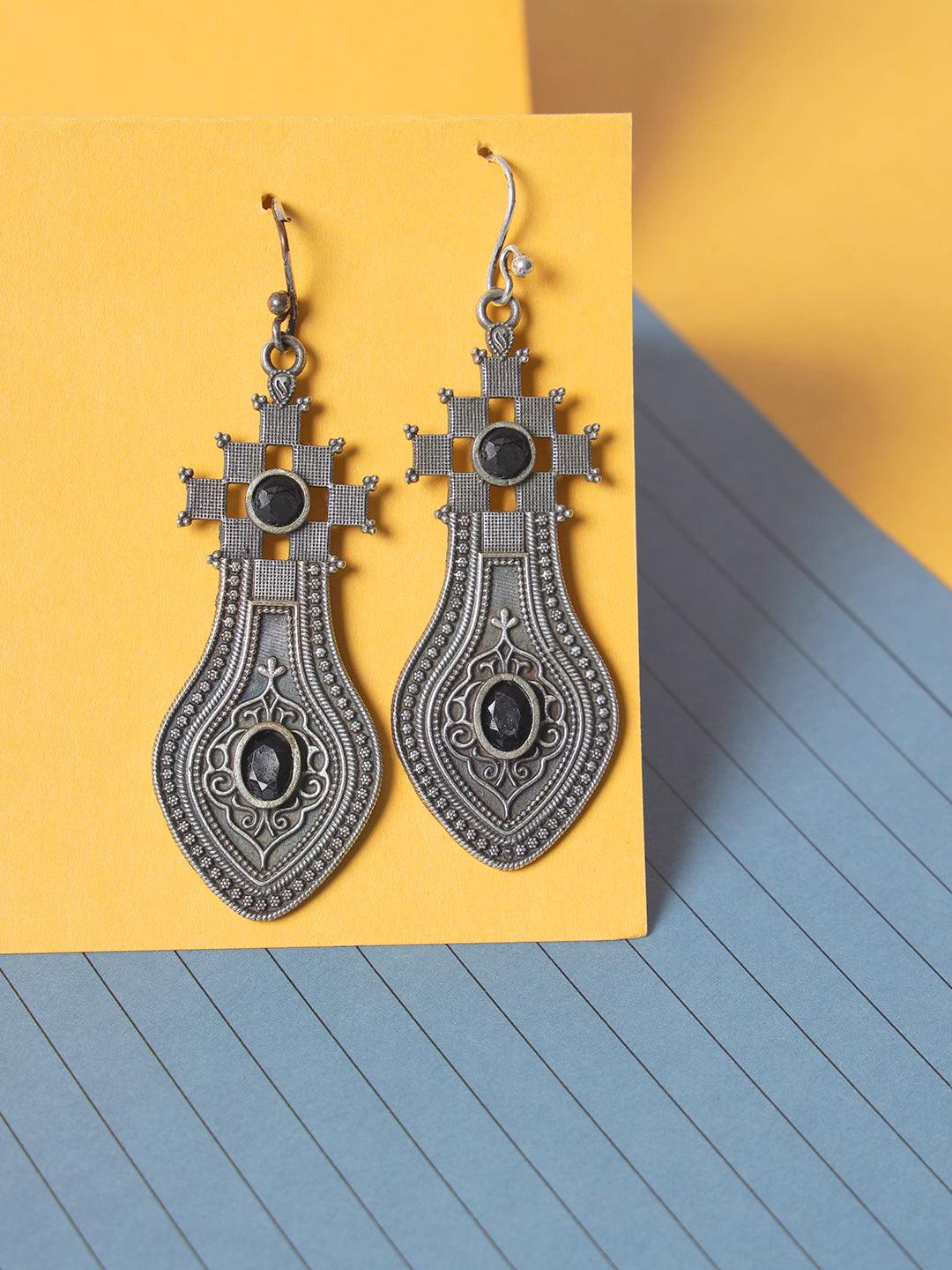 Women's Black stone studded & Silver-Toned Contemporary Drop Earrings - Jazz and Sizzle - Indiakreations