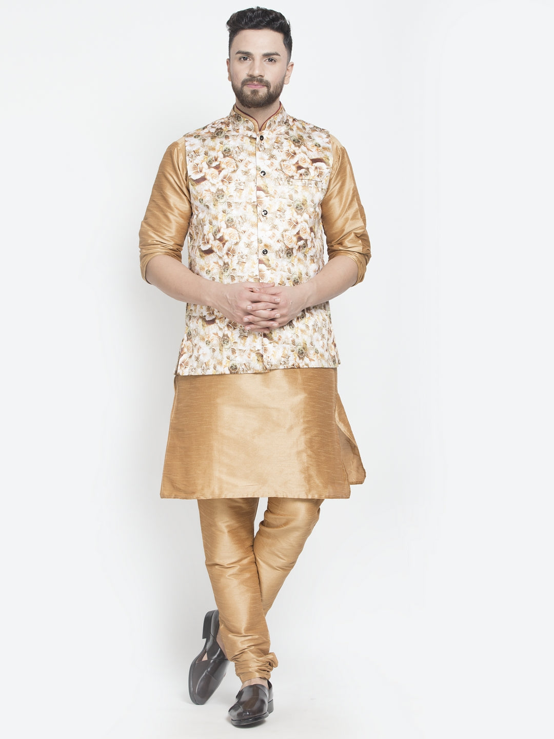 Men's Silk Blend Copper Kurta With Pyjama & Beige Printed Nehru Jacket - Benstoke