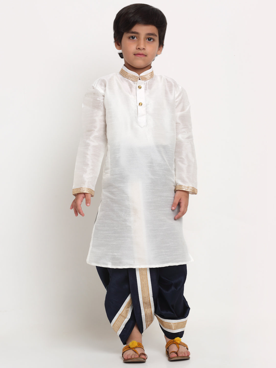 Boy's White Solid Gotta Patti Kurta With Navy Blue Dhoti Pant Set - Benstoke KIDS