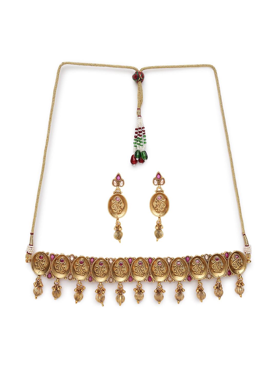 Women's Gold-Plated Emarald Floral Antique Chokers Jewellery Set - Jazz and Sizzle - Indiakreations