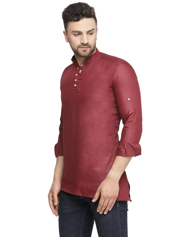 Men's Cotton Blend Maroon Asymmetric Short Kurta - Benstoke - Indiakreations