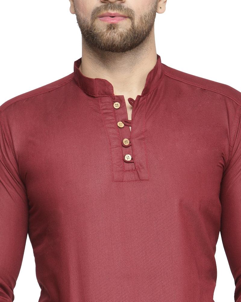 Men's Cotton Blend Maroon Asymmetric Short Kurta - Benstoke - Indiakreations