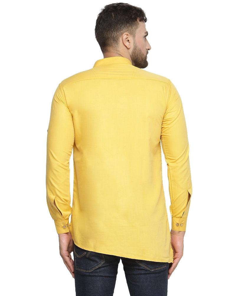 Men's Cotton Blend Yellow Asymmetric Short Kurta - Benstoke - Indiakreations