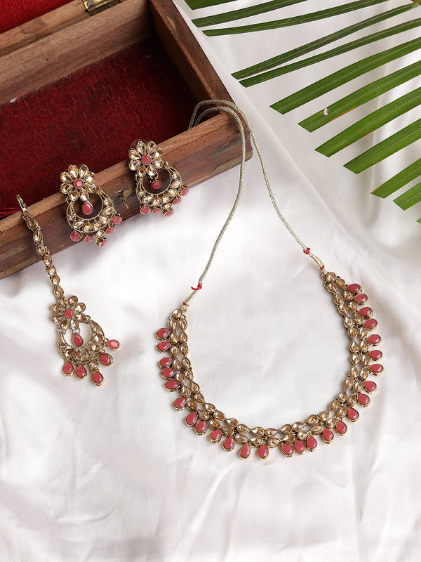 Women's Pink Kundan Gold Plated Jewellery Set - Jazz and Sizzle