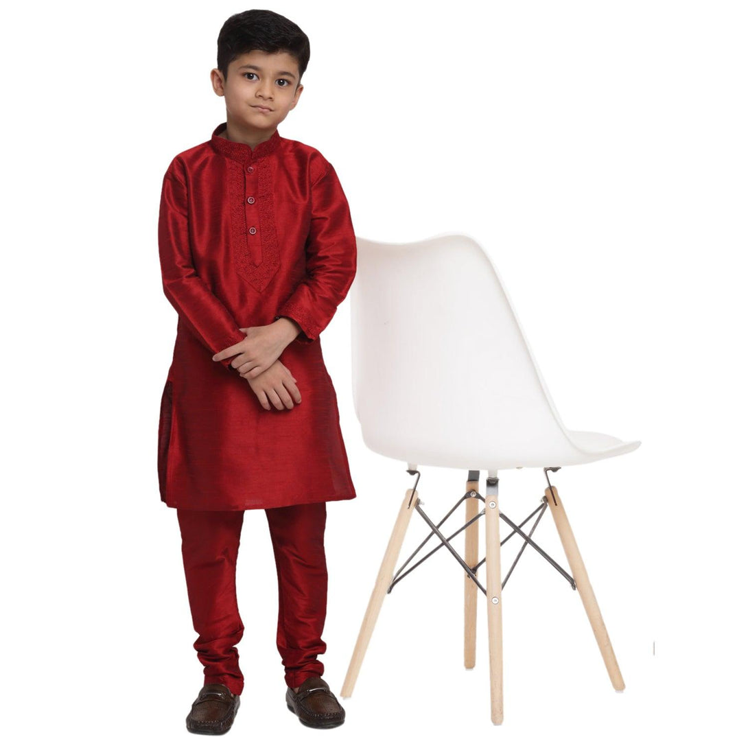 Boy's Maroon Yoke Design Thread Work Kurta With Churidaar - Benstoke KIDS - Indiakreations