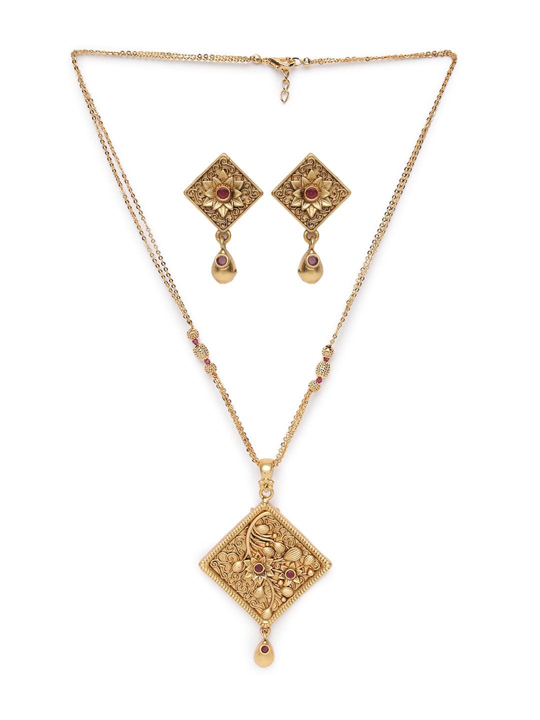 Women's Gold-Plated Maroon Studded Handcrafted Jewellery Set - Jazz and Sizzle - Indiakreations