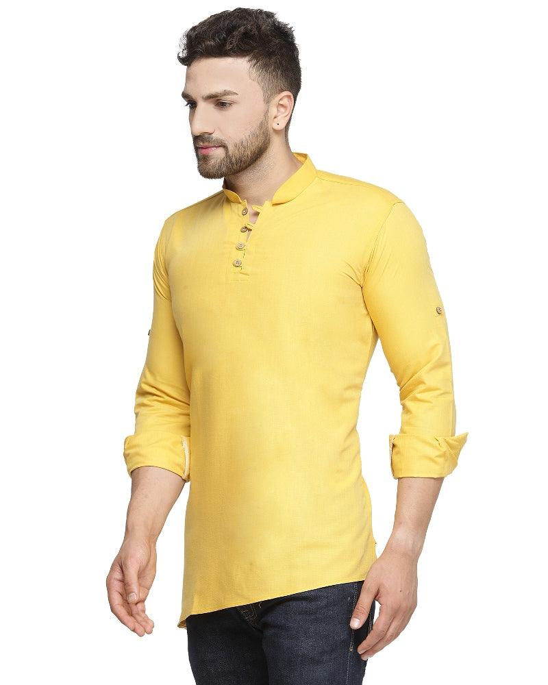 Men's Cotton Blend Yellow Asymmetric Short Kurta - Benstoke - Indiakreations