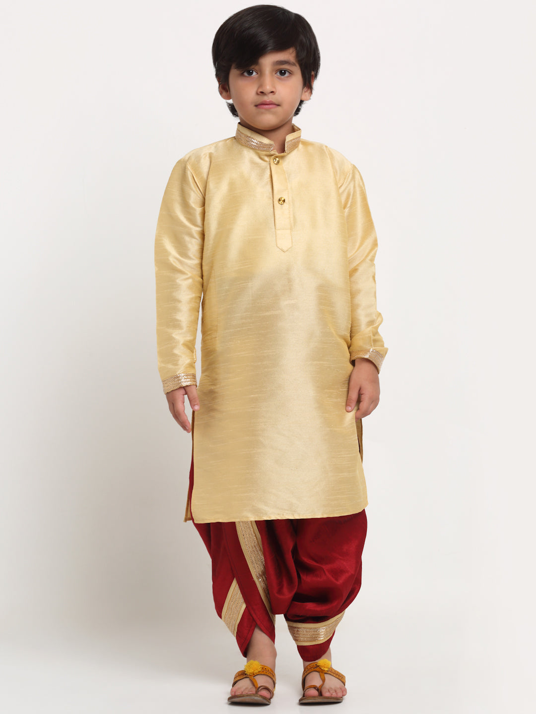 Boy's Gold Solid Gotta Patti Kurta With Maroon Dhoti Pant Set - Benstoke KIDS