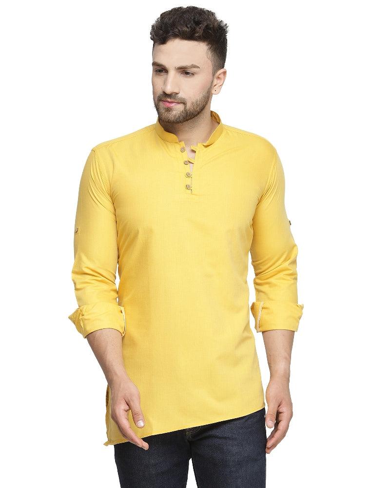 Men's Cotton Blend Yellow Asymmetric Short Kurta - Benstoke - Indiakreations