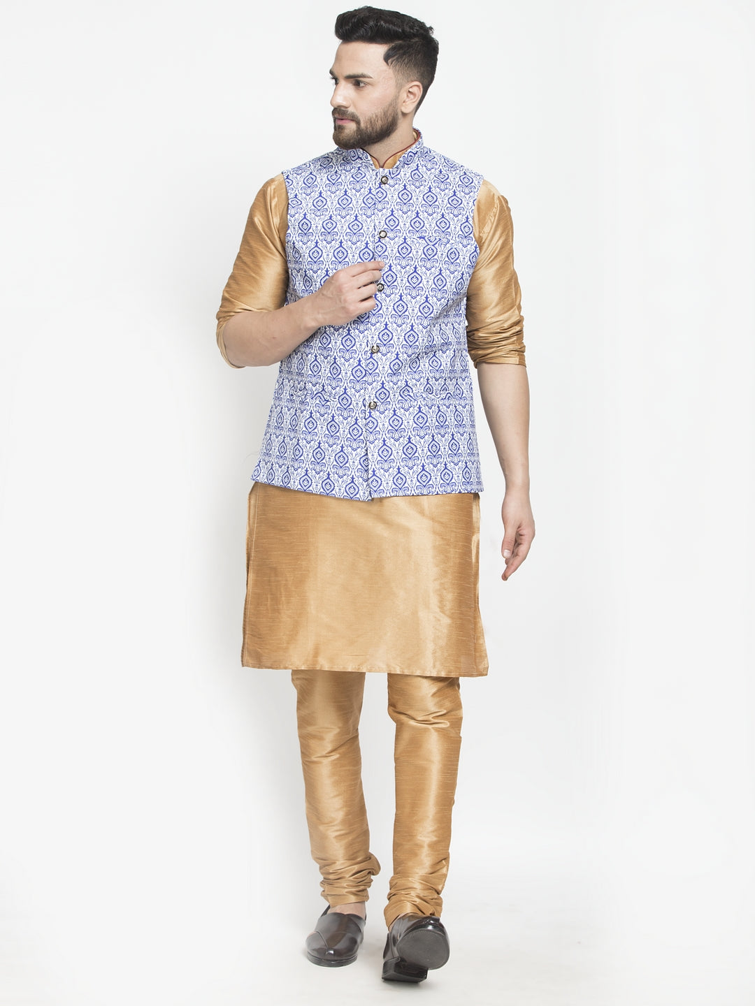 Men's Silk Blend Copper Kurta With Pyjama & Blue Printed Nehru Jacket - Benstoke