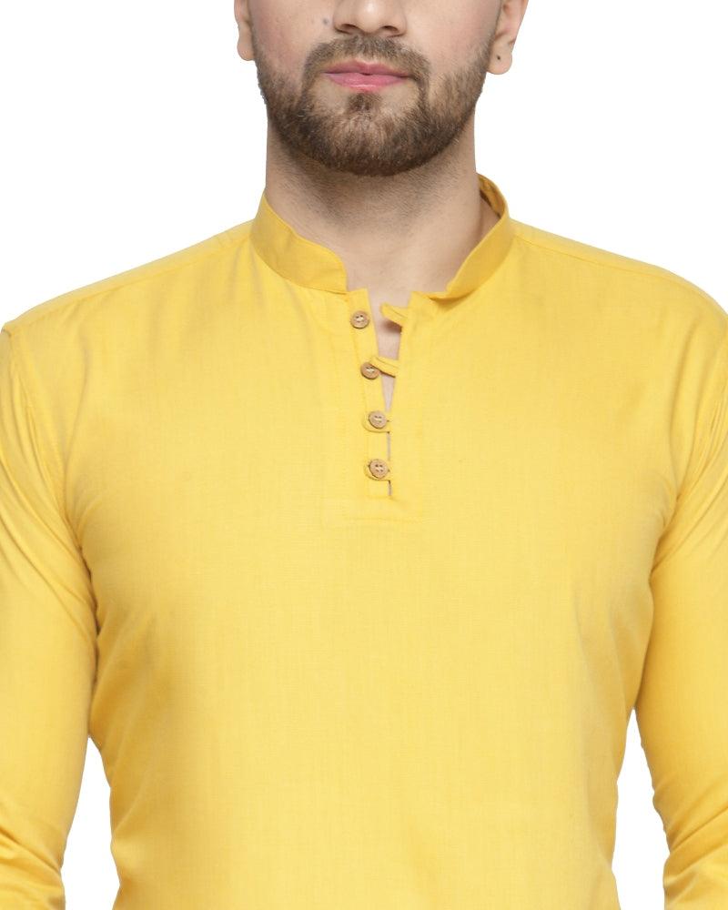 Men's Cotton Blend Yellow Asymmetric Short Kurta - Benstoke - Indiakreations